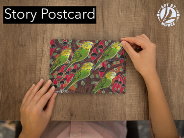 'Budgerigars with Flower Medicine' Aboriginal Art A6 Story PostCard Single by Mirree